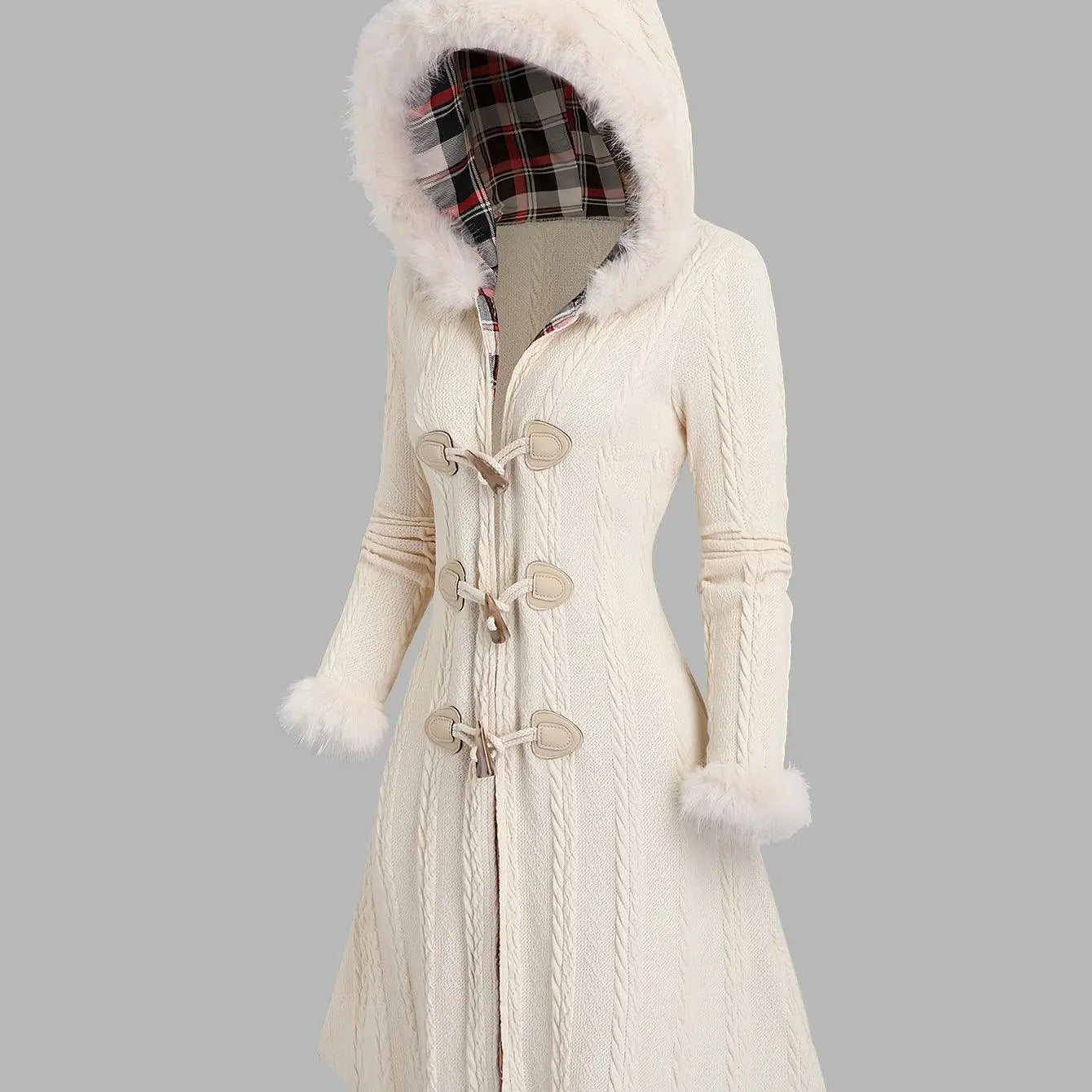 Y2K-Inspired Plaid Hooded Knit Coat with Faux Fur Trim, Horn Buttons - Long, Warm & Stylish for Women, Machine Washable, Y2K, Plaid, Faux Fur SS69 43.69 Apricot / XXL(50)