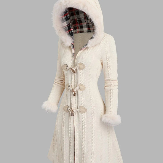 Y2K-Inspired Plaid Hooded Knit Coat with Faux Fur Trim, Horn Buttons - Long, Warm & Stylish for Women, Machine Washable, Y2K, Plaid, Faux Fur SS69 43.69 Apricot / XXL(50)