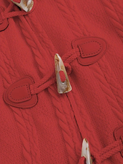 Y2K-Inspired Plaid Hooded Knit Coat with Faux Fur Trim, Horn Buttons - Long, Warm & Stylish for Women, Machine Washable, Y2K, Plaid, Faux Fur SS69