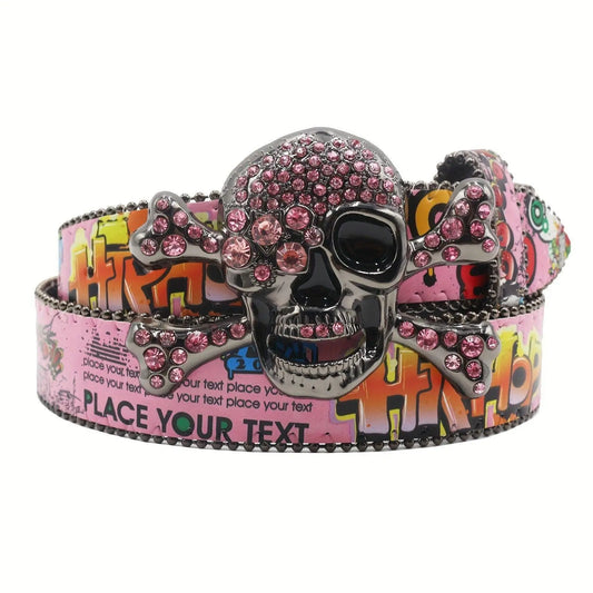 Y2K-Inspired Vintage Hip Hop Belt with Rhinestone Skull Buckle - Classic Western Style, Faux Leather Waistband for Jeans & Pants SS69