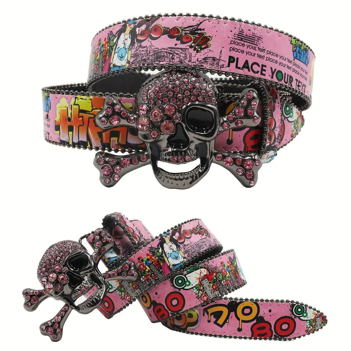 Y2K-Inspired Vintage Hip Hop Belt with Rhinestone Skull Buckle - Classic Western Style, Faux Leather Waistband for Jeans & Pants SS69