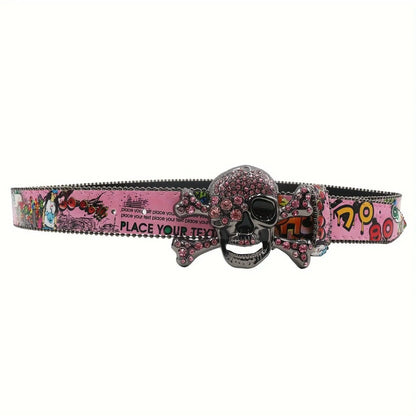 Y2K-Inspired Vintage Hip Hop Belt with Rhinestone Skull Buckle - Classic Western Style, Faux Leather Waistband for Jeans & Pants SS69
