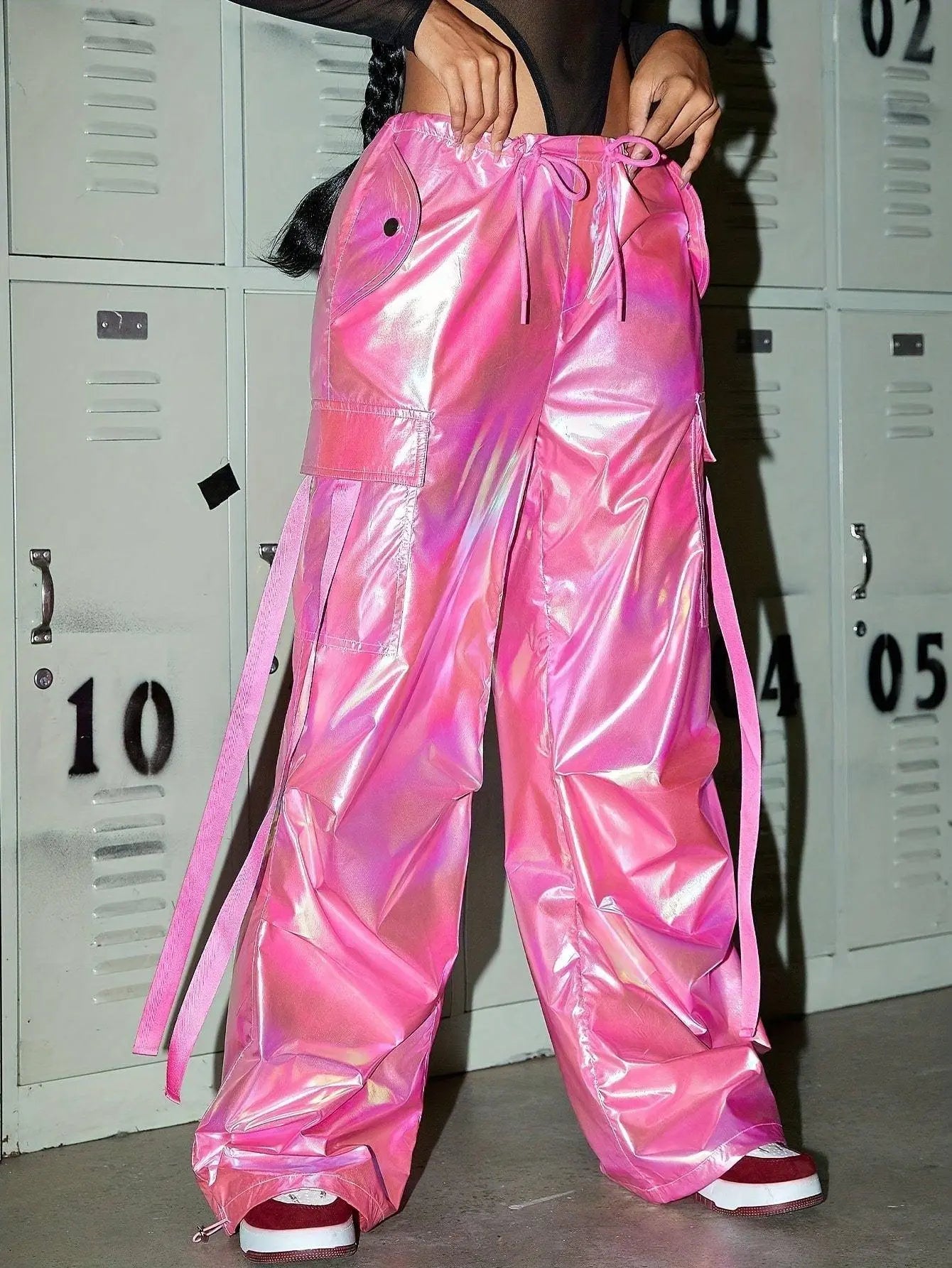 Y2K Kpop Style Glossy Pinkish Holographic Color Elastic Drawstring Waist Loose Fit Jeans, Women's Denim Jeans & Clothing SS69