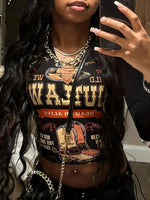 Y2K Letter Print Notched Neck T-shirt, Long Sleeve Top For Fall & Winter, Women's Clothing SS69