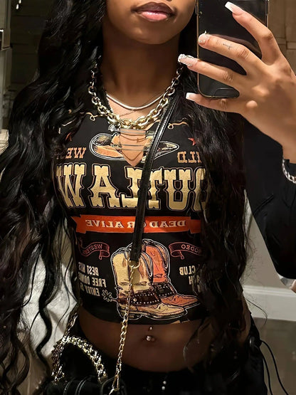 Y2K Letter Print Notched Neck T-shirt, Long Sleeve Top For Fall & Winter, Women's Clothing SS69