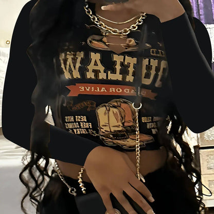 Y2K Letter Print Notched Neck T-shirt, Long Sleeve Top For Fall & Winter, Women's Clothing SS69