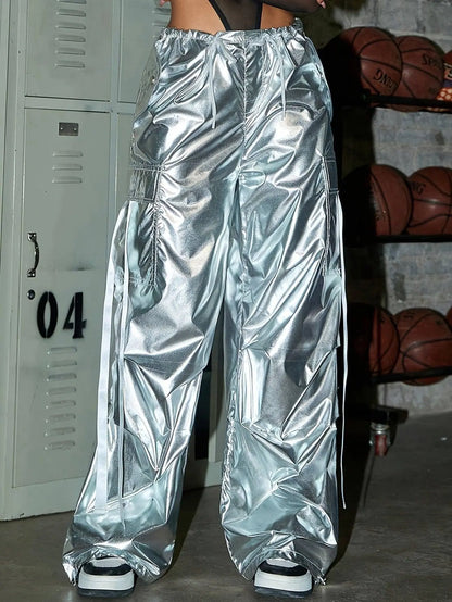 Y2K Party Style Metallic Color Silver Tone Loose Fit Streetwear Drawstring Elastic Waistband Cargo Jeans, Women's Denim Jeans & Clothing SS69