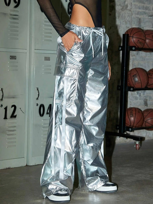 Y2K Party Style Metallic Color Silver Tone Loose Fit Streetwear Drawstring Elastic Waistband Cargo Jeans, Women's Denim Jeans & Clothing SS69