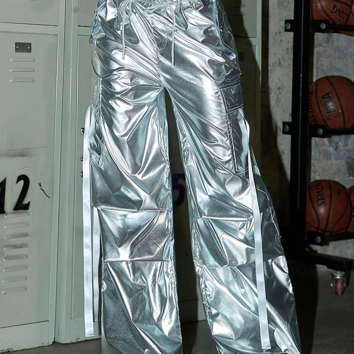 Y2K Party Style Metallic Color Silver Tone Loose Fit Streetwear Drawstring Elastic Waistband Cargo Jeans, Women's Denim Jeans & Clothing SS69