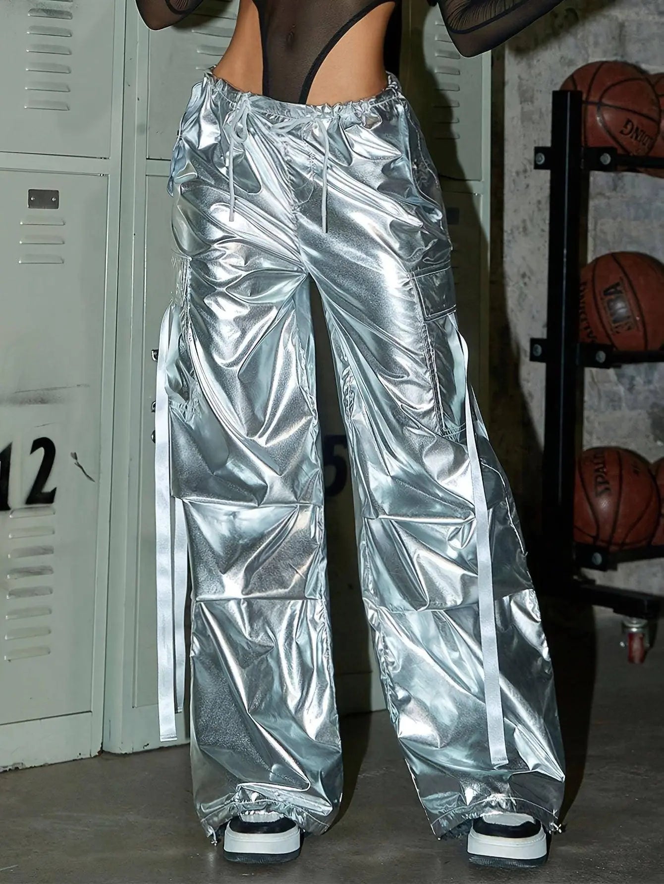 Y2K Party Style Metallic Color Silver Tone Loose Fit Streetwear Drawstring Elastic Waistband Cargo Jeans, Women's Denim Jeans & Clothing SS69