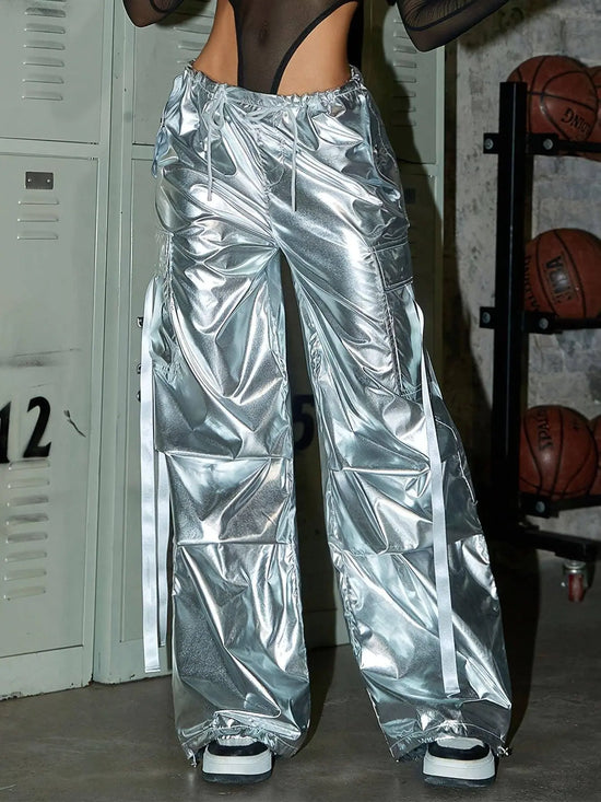 Y2K Party Style Metallic Color Silver Tone Loose Fit Streetwear Drawstring Elastic Waistband Cargo Jeans, Women's Denim Jeans & Clothing SS69
