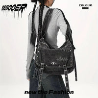 Y2K Retro Denim Crossbody Bag - Hippie Grunge Style, Adjustable Strap, Zip Closure, Black SS69