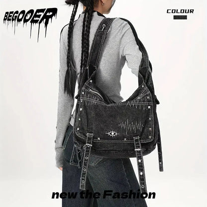 Y2K Retro Denim Crossbody Bag - Hippie Grunge Style, Adjustable Strap, Zip Closure, Black SS69