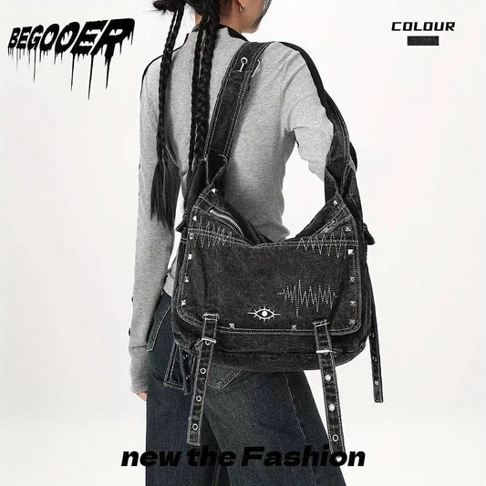 Y2K Retro Denim Crossbody Bag - Hippie Grunge Style, Adjustable Strap, Zip Closure, Black SS69