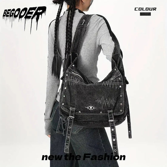 Y2K Retro Denim Crossbody Bag - Hippie Grunge Style, Adjustable Strap, Zip Closure, Black SS69