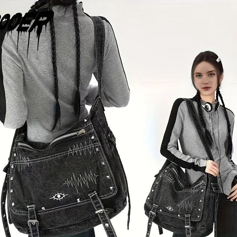 Y2K Retro Denim Crossbody Bag - Hippie Grunge Style, Adjustable Strap, Zip Closure, Black SS69