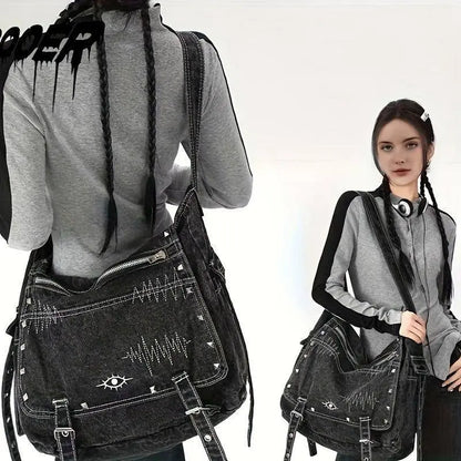Y2K Retro Denim Crossbody Bag - Hippie Grunge Style, Adjustable Strap, Zip Closure, Black SS69