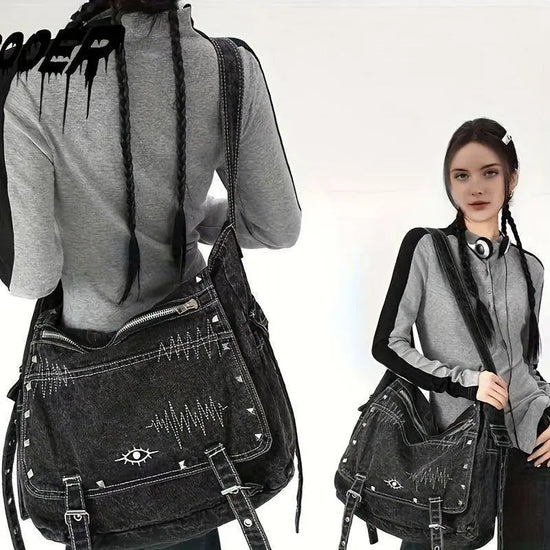 Y2K Retro Denim Crossbody Bag - Hippie Grunge Style, Adjustable Strap, Zip Closure, Black SS69