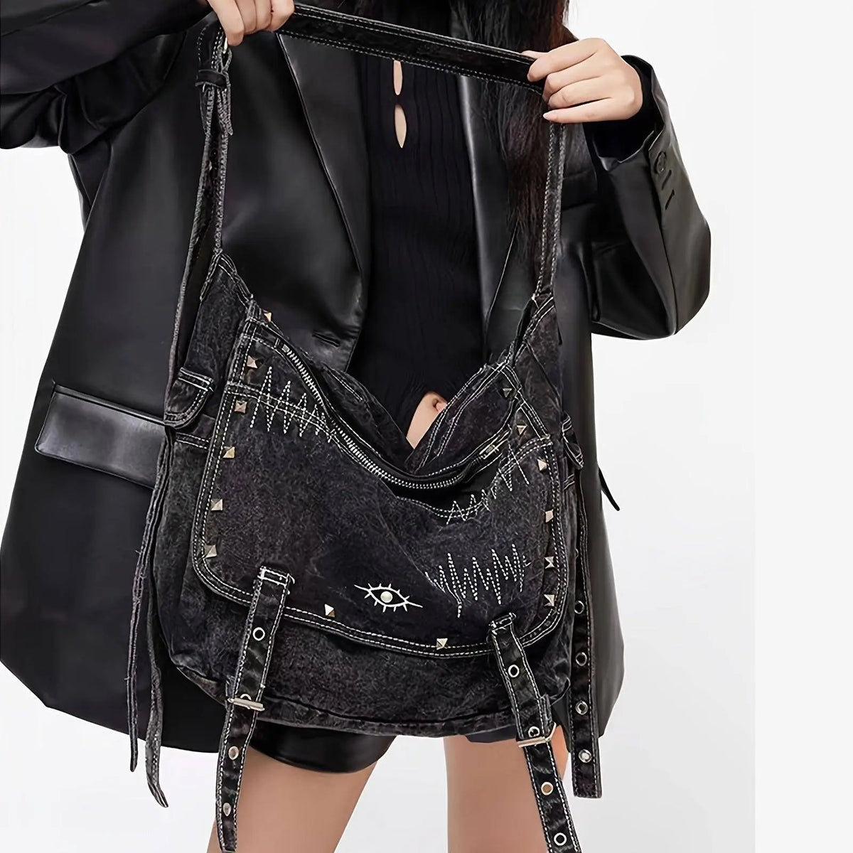 Y2K Retro Denim Crossbody Bag - Hippie Grunge Style, Adjustable Strap, Zip Closure, Black SS69