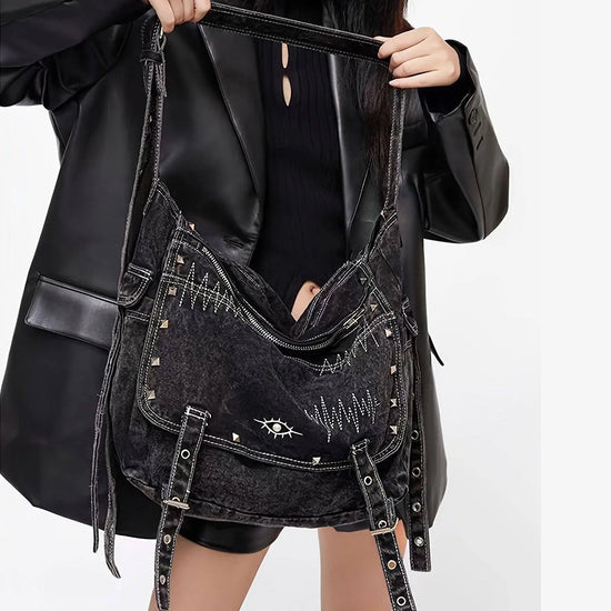 Y2K Retro Denim Crossbody Bag - Hippie Grunge Style, Adjustable Strap, Zip Closure, Black SS69