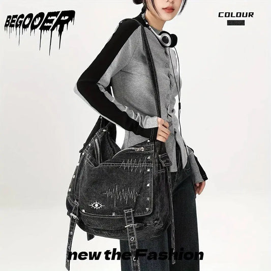 Y2K Retro Denim Crossbody Bag - Hippie Grunge Style, Adjustable Strap, Zip Closure, Black SS69