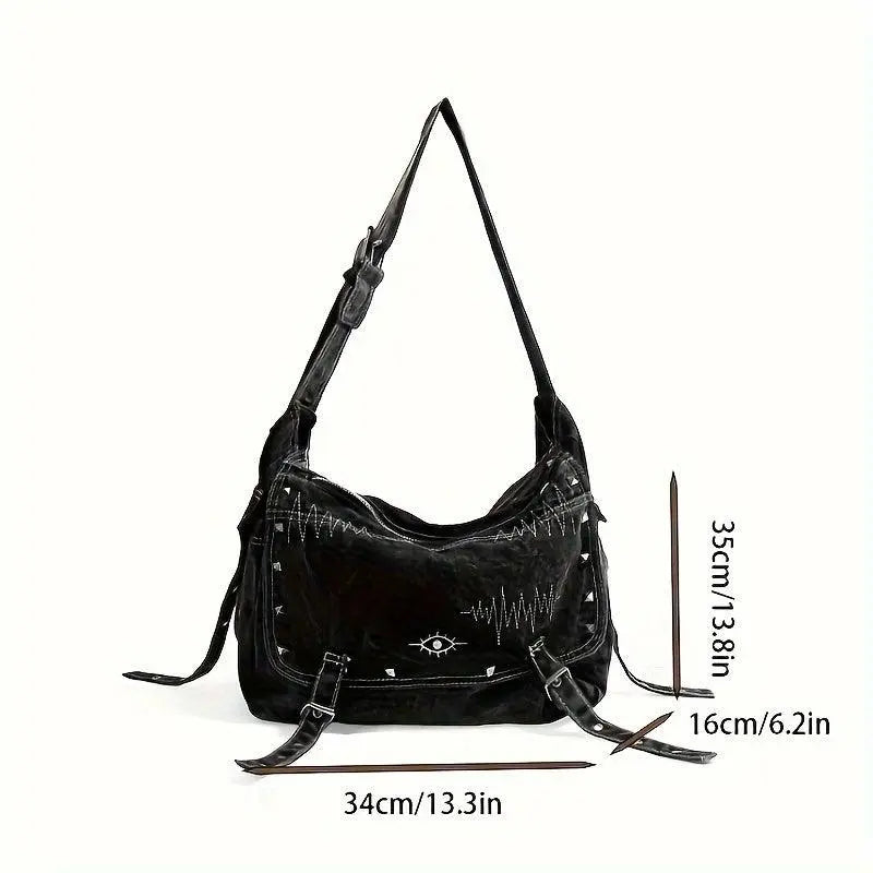 Y2K Retro Denim Crossbody Bag - Hippie Grunge Style, Adjustable Strap, Zip Closure, Black SS69