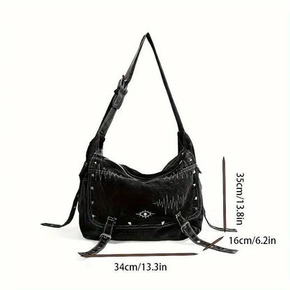 Y2K Retro Denim Crossbody Bag - Hippie Grunge Style, Adjustable Strap, Zip Closure, Black SS69