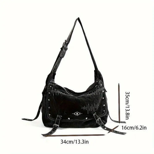 Y2K Retro Denim Crossbody Bag - Hippie Grunge Style, Adjustable Strap, Zip Closure, Black SS69