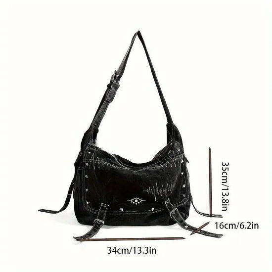 Y2K Retro Denim Crossbody Bag - Hippie Grunge Style, Adjustable Strap, Zip Closure, Black SS69