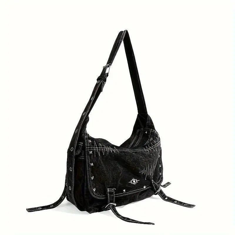 Y2K Retro Denim Crossbody Bag - Hippie Grunge Style, Adjustable Strap, Zip Closure, Black SS69