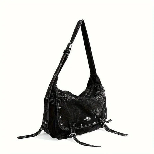 Y2K Retro Denim Crossbody Bag - Hippie Grunge Style, Adjustable Strap, Zip Closure, Black SS69
