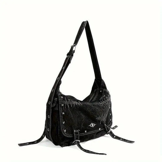 Y2K Retro Denim Crossbody Bag - Hippie Grunge Style, Adjustable Strap, Zip Closure, Black SS69