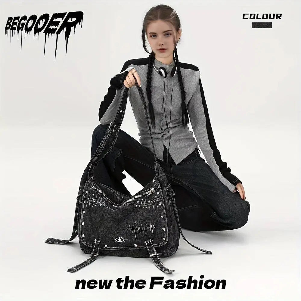 Y2K Retro Denim Crossbody Bag - Hippie Grunge Style, Adjustable Strap, Zip Closure, Black SS69