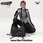 Y2K Retro Denim Crossbody Bag - Hippie Grunge Style, Adjustable Strap, Zip Closure, Black SS69