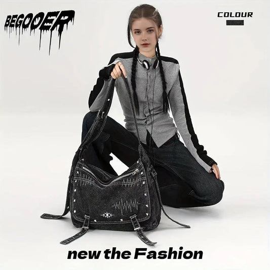 Y2K Retro Denim Crossbody Bag - Hippie Grunge Style, Adjustable Strap, Zip Closure, Black SS69