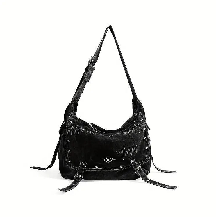 Y2K Retro Denim Crossbody Bag - Hippie Grunge Style, Adjustable Strap, Zip Closure, Black SS69