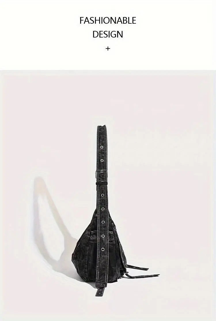 Y2K Retro Denim Crossbody Bag - Hippie Grunge Style, Adjustable Strap, Zip Closure, Black SS69