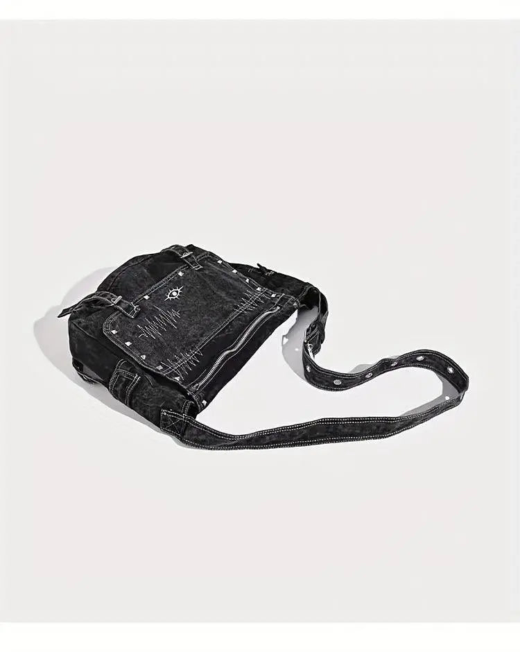 Y2K Retro Denim Crossbody Bag - Hippie Grunge Style, Adjustable Strap, Zip Closure, Black SS69