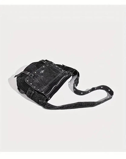 Y2K Retro Denim Crossbody Bag - Hippie Grunge Style, Adjustable Strap, Zip Closure, Black SS69