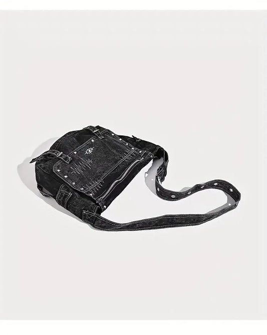 Y2K Retro Denim Crossbody Bag - Hippie Grunge Style, Adjustable Strap, Zip Closure, Black SS69