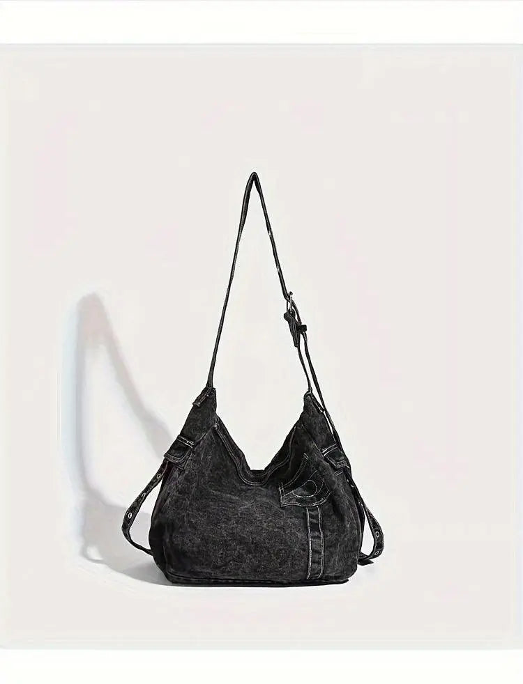 Y2K Retro Denim Crossbody Bag - Hippie Grunge Style, Adjustable Strap, Zip Closure, Black SS69