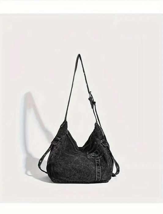 Y2K Retro Denim Crossbody Bag - Hippie Grunge Style, Adjustable Strap, Zip Closure, Black SS69