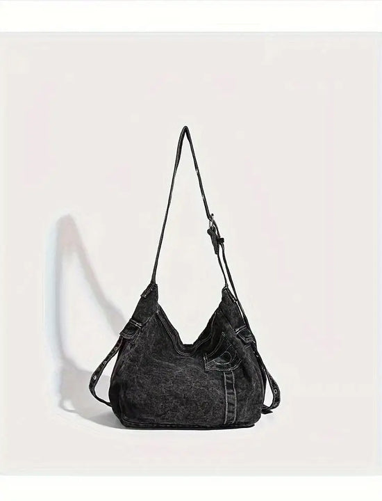 Y2K Retro Denim Crossbody Bag - Hippie Grunge Style, Adjustable Strap, Zip Closure, Black SS69