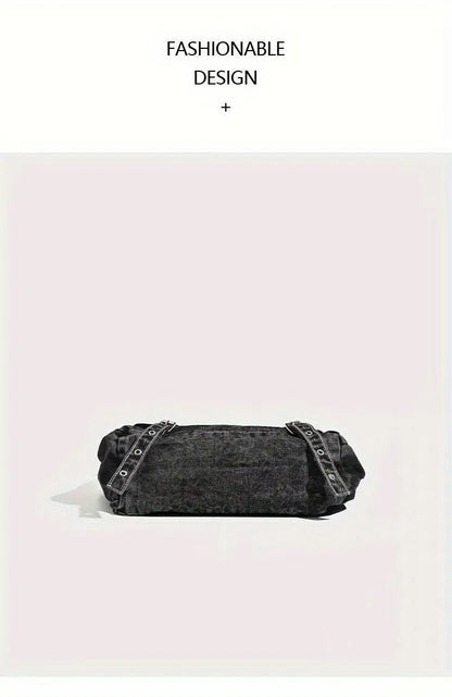 Y2K Retro Denim Crossbody Bag - Hippie Grunge Style, Adjustable Strap, Zip Closure, Black SS69