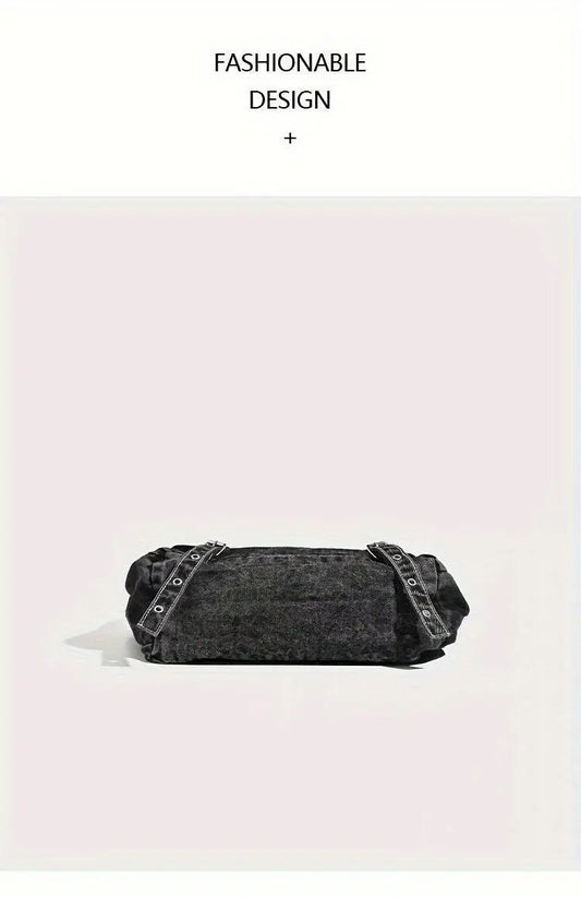 Y2K Retro Denim Crossbody Bag - Hippie Grunge Style, Adjustable Strap, Zip Closure, Black SS69