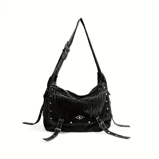 Y2K Retro Denim Crossbody Bag - Hippie Grunge Style, Adjustable Strap, Zip Closure, Black SS69 42.69 Black