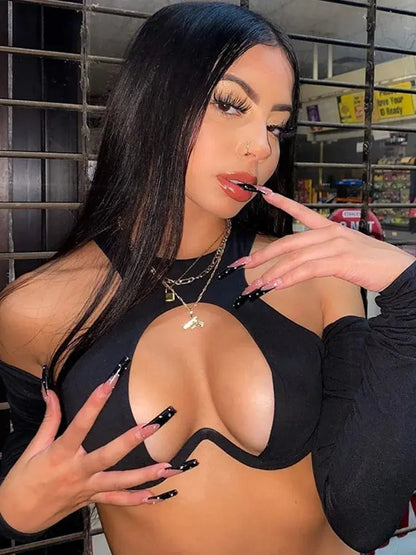 Y2K Sexy Hollow Out Summer Crop Corset Top Women Black Tees 2025 Autumn Long Sleeve Basic T Shirts Streetwear Party - SS69