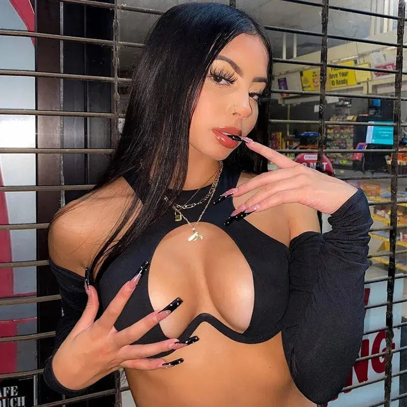Y2K Sexy Hollow Out Summer Crop Corset Top Women Black Tees 2025 Autumn Long Sleeve Basic T Shirts Streetwear Party - SS69