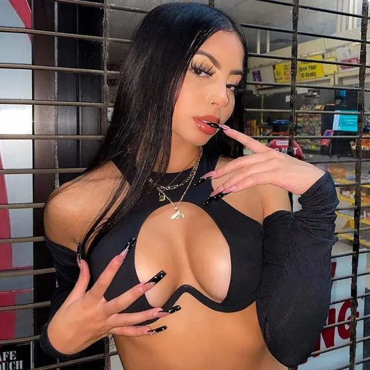 Y2K Sexy Hollow Out Summer Crop Corset Top Women Black Tees 2025 Autumn Long Sleeve Basic T Shirts Streetwear Party - SS69