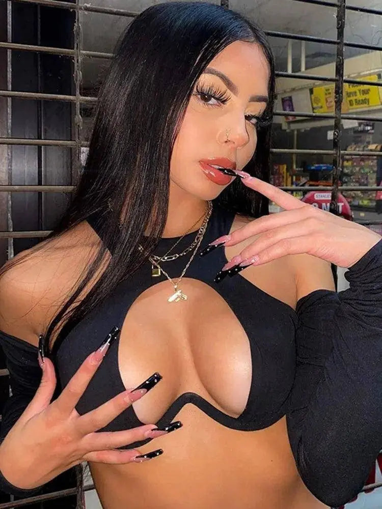 Y2K Sexy Hollow Out Summer Crop Corset Top Women Black Tees 2025 Autumn Long Sleeve Basic T Shirts Streetwear Party - SS69
